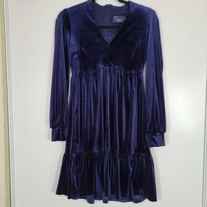 Just Taylor Navy Velvet Long Sleeve Short Evening Baby Doll Dress XS‎